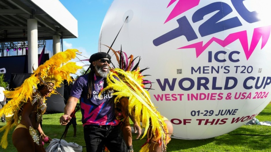West Indies great Chris Gayle performs with dancers at a ceremony in February to mark 100 days until the start of T20 World Cup 2024. The 2024 tournament will be hosted by the West Indies and the United States from June 1 to 29