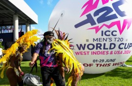 West Indies great Chris Gayle performs with dancers at a ceremony in February to mark 100 days until the start of T20 World Cup 2024. The 2024 tournament will be hosted by the West Indies and the United States from June 1 to 29
