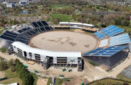 Construction continued on the Nassau County International Cricket Stadium on April 22, 2024. The site will be the host to the T20 World Cup in June of this year