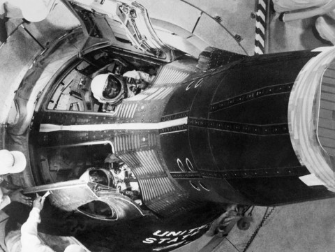 A picture dated August 13, 1965 in Cape Canaveral, Florida, shows US astronauts, Command Pilot  L. Gordon Cooper and Pilot Charles M. "Pete" Conrad inside a capsule during a training session of the Gemini V mission